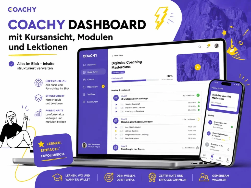 Coachy Dashboard mit Kursansicht, Modulen und Lektionen