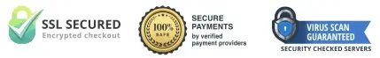 Sicherheitssiegel: SSL Secured, Secure Payments und Virus Scan Guaranteed für den Flenski Checkout