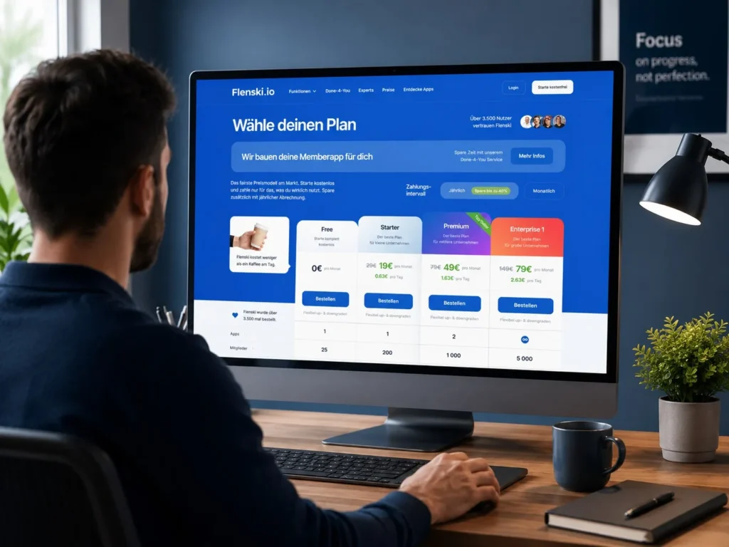 Flenski Preistabelle mit Free, Starter, Premium und Enterprise Plänen
