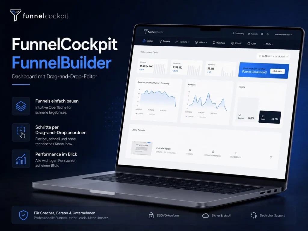 FunnelCockpit FunnelBuilder Dashboard mit Drag-and-Drop-Editor