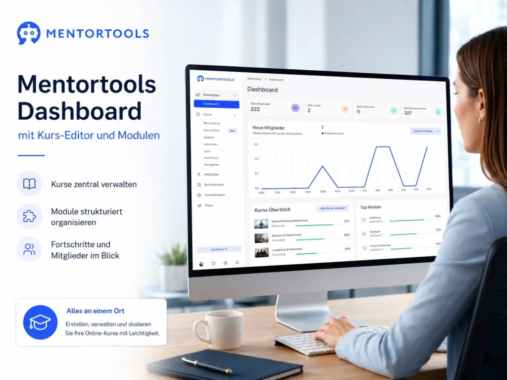 Mentortools Dashboard mit Kurs-Editor und Modulen