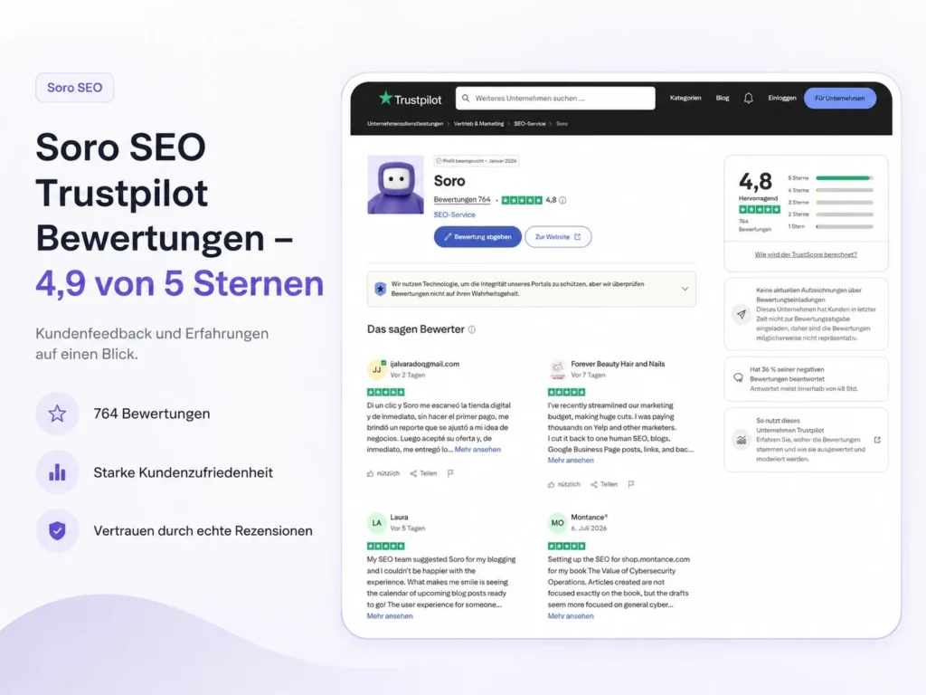 Soro SEO Trustpilot Bewertungen – 4,9 von 5 Sternen